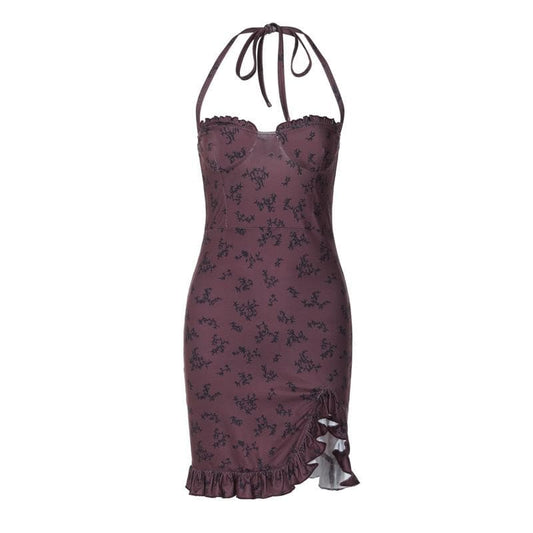 Halter print ruffle knotted backless mini dress