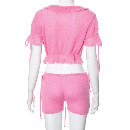 Short sleeve ruffle knitted drawstring ruched pant set