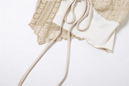 Lace v neck irregular patchwork contrast cami crop top