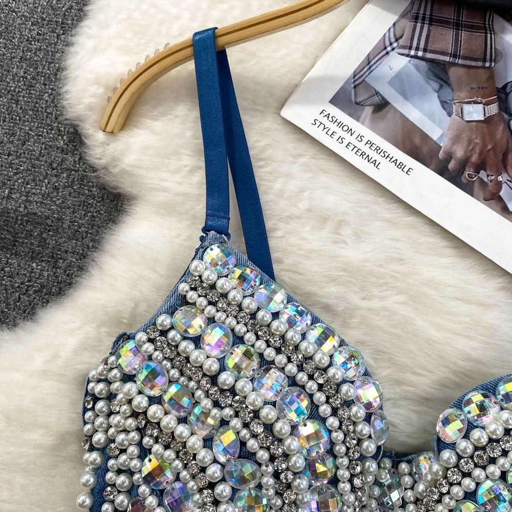 Beaded denim v neck backless cami top