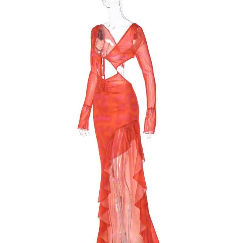 Long sleeve solid mesh slit v neck ruffle hollow out cut out maxi dress-final-sale