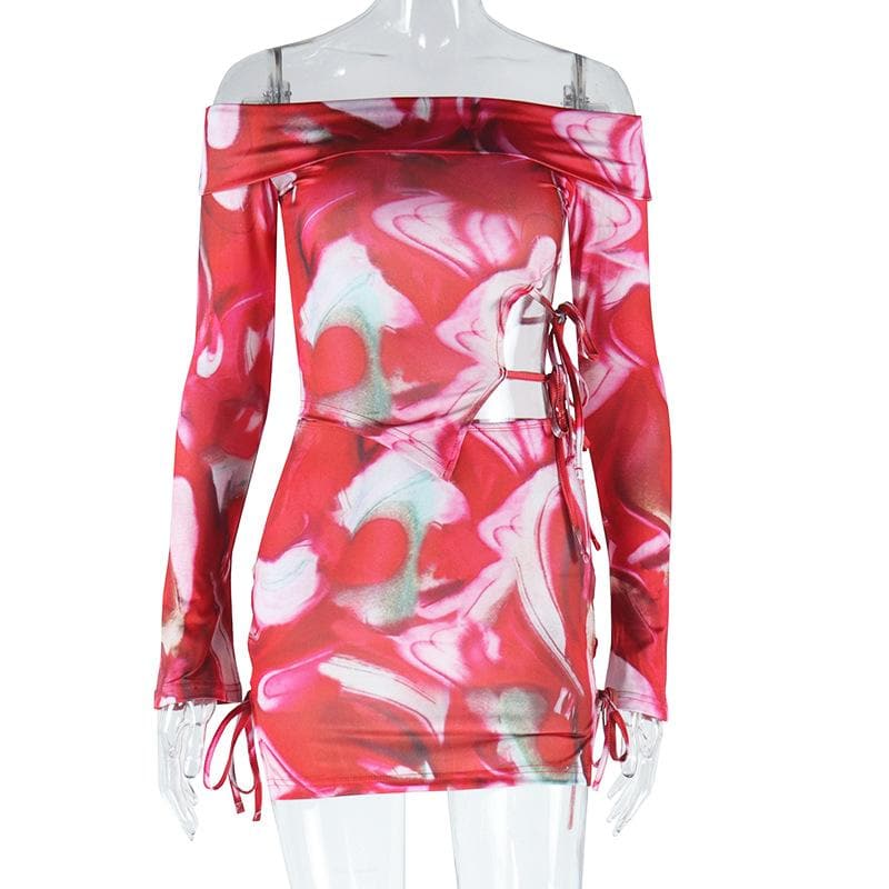 Long sleeve off shoulder hollow out print cut out mini dress