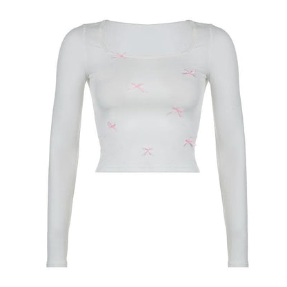 Bowknot square neck long sleeve contrast top