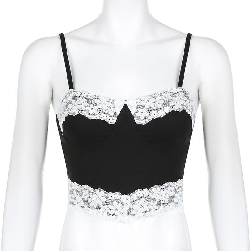 Bowknot lace patchwork backless cami top