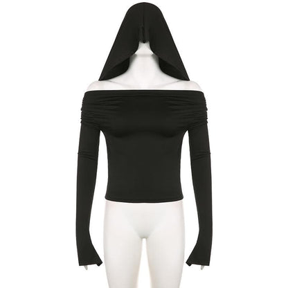 Cowl neck solid long flared sleeve hoodie 2-way top