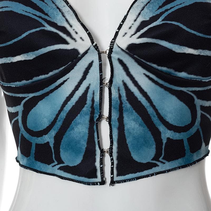 V neck butterfly print buttoned crop top