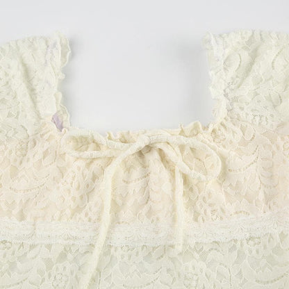 Cap sleeve square neck bowknot lace ruffle top