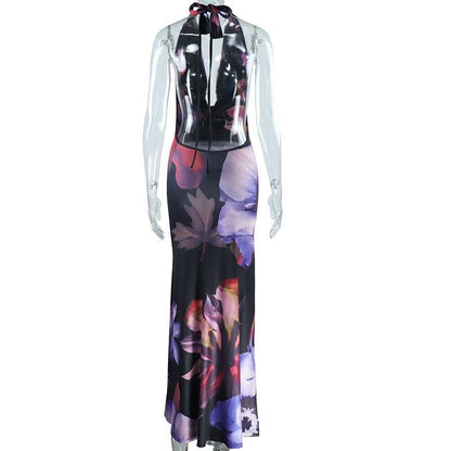 Halter cowl neck backless flower print maxi dress