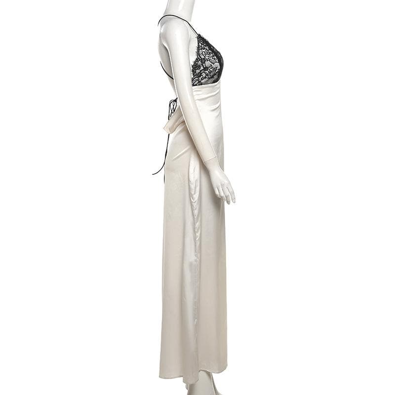 Lace zip-up backless high slit cami maxi dress