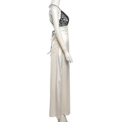 Lace zip-up backless high slit cami maxi dress