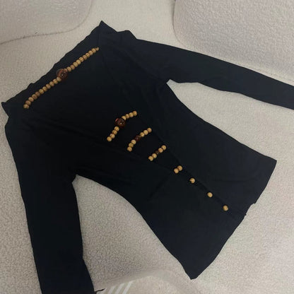 Long sleeve hollow out beaded v neck cut out top