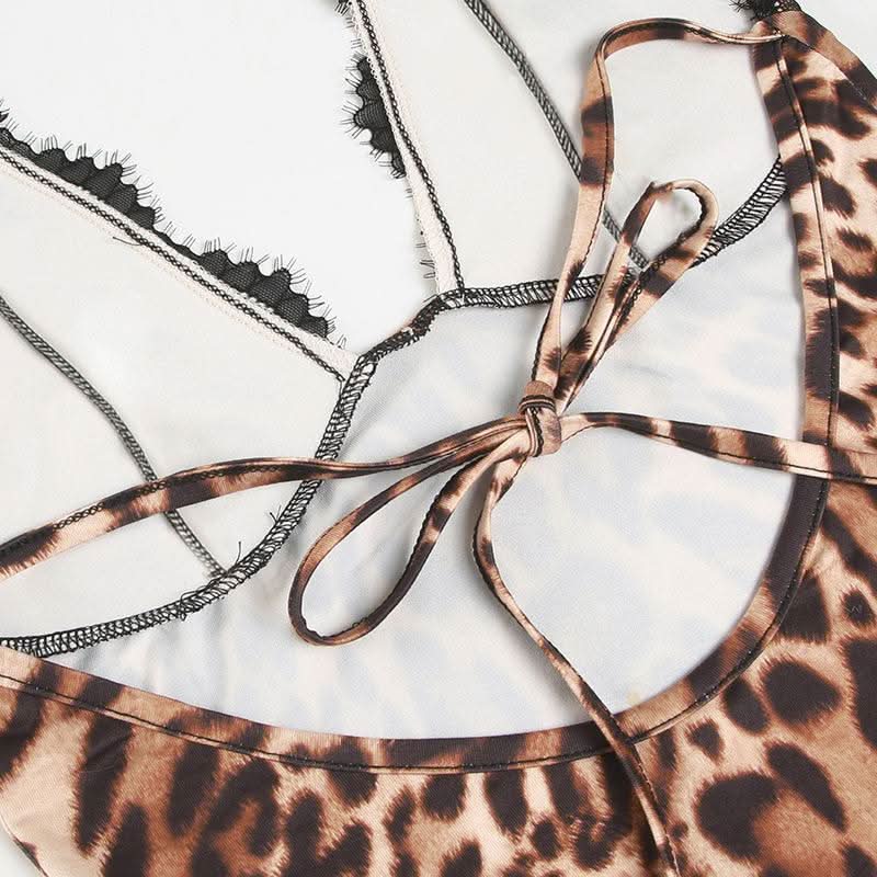 Halter leopard print backless lace mini dress