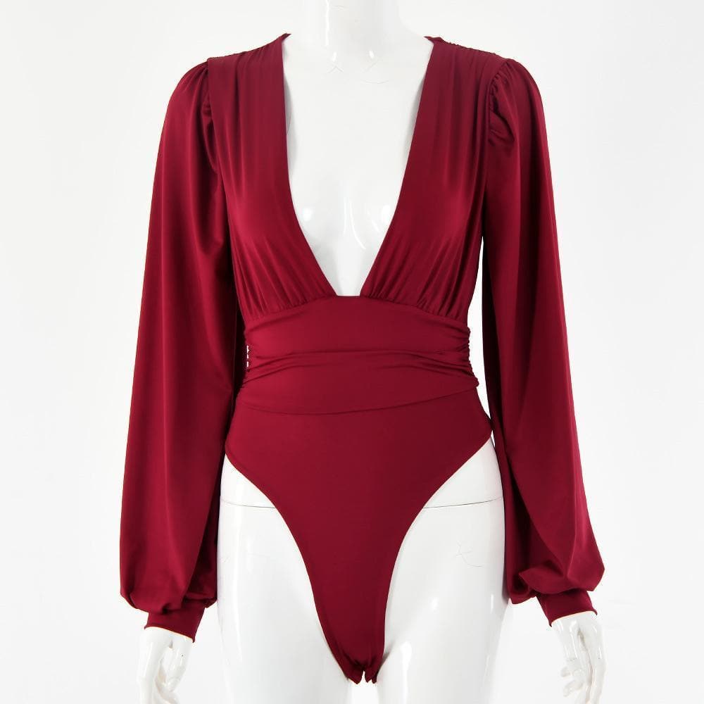 Halibuy Double layered deep v neck ruched solid bodysuit - Final Sale