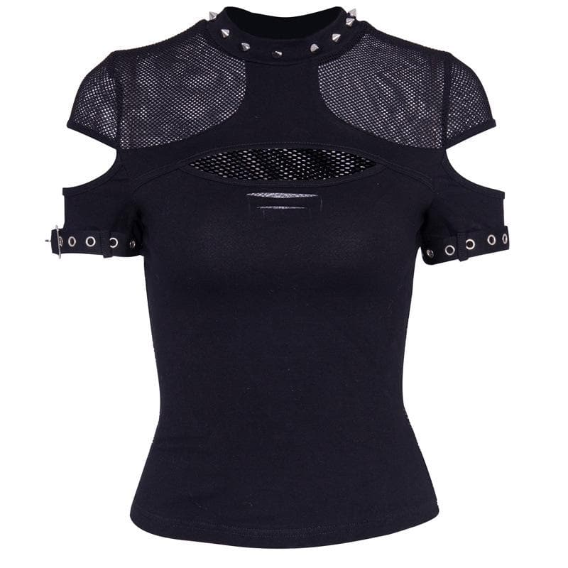 Fishnet patchwork hollow out short sleeve buckle cut out top
