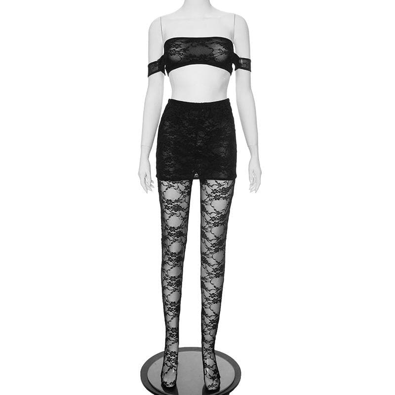 Off shoulder lace see through solid pant set