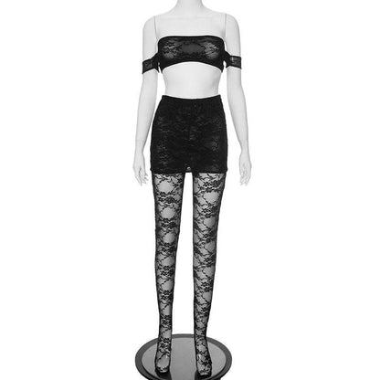 Off shoulder lace see through solid pant set