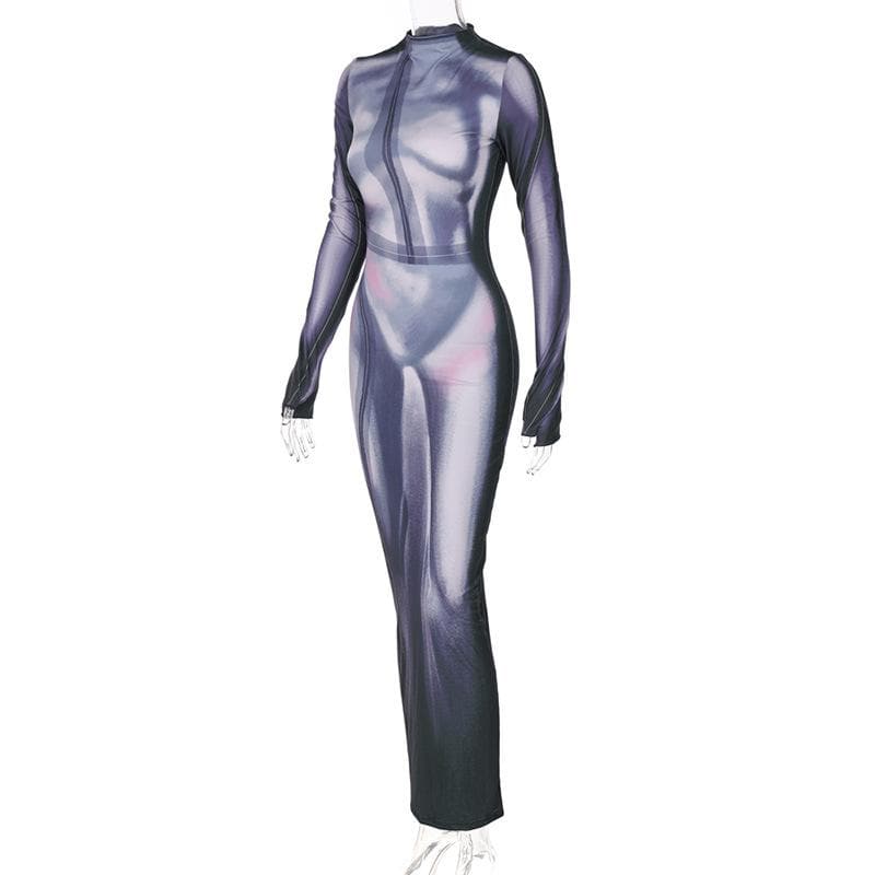 Mock Neck Long Sleeve Thumbhole Bikini Silhouette Body Print Bodycon Maxi Dress