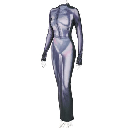 Mock Neck Long Sleeve Thumbhole Bikini Silhouette Body Print Bodycon Maxi Dress
