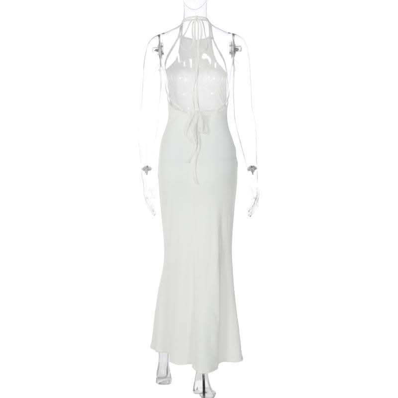 Halter solid sleeveless backless self tie maxi dress-final-sale