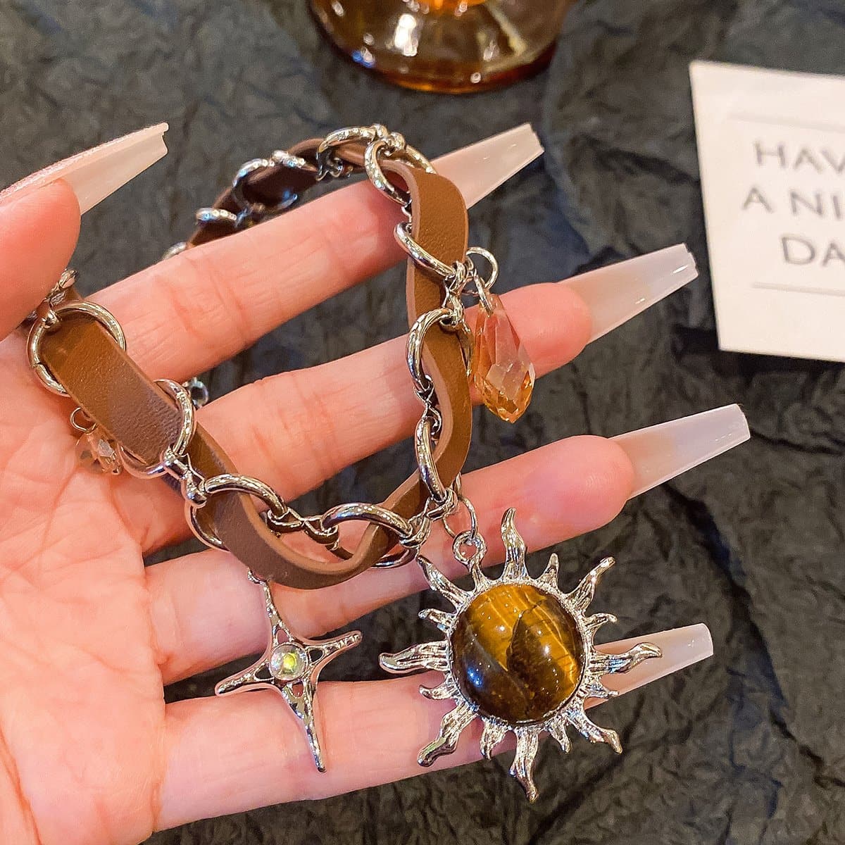 Sun pendant PU leather choker necklace