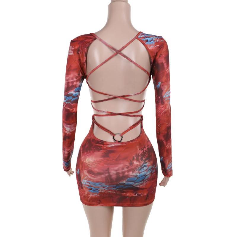 Long sleeve o ring cross front abstract mini dress