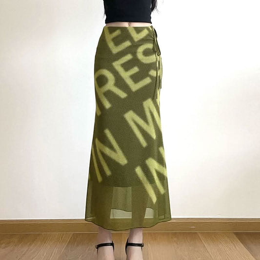 Mesh letter print hollow out self tie cut out maxi skirt