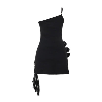 One shoulder ruffle flower applique mini dress