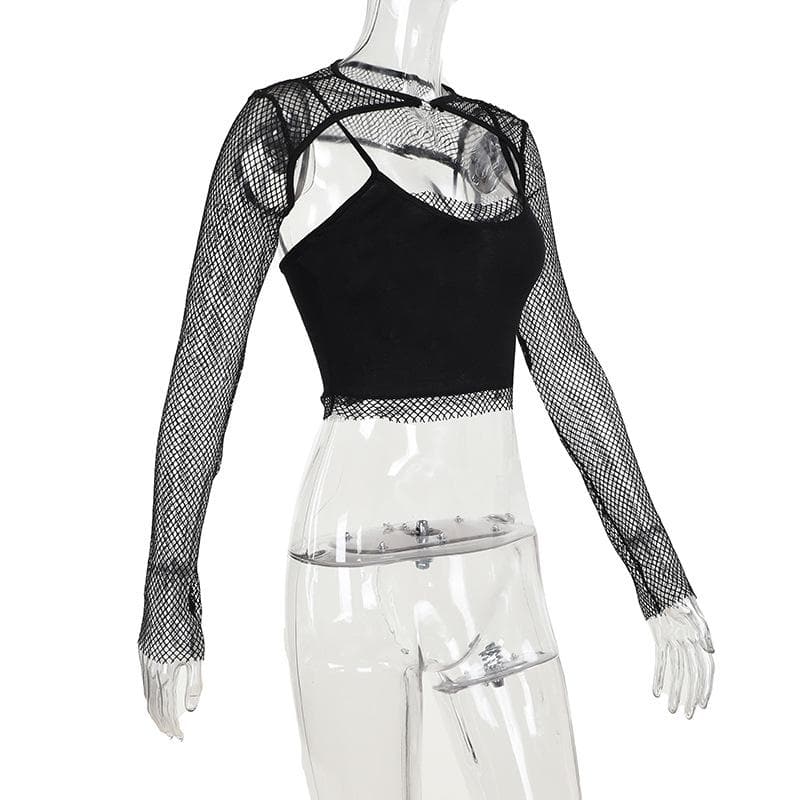 Long sleeve fishnet shrug cross applique 2 piece top