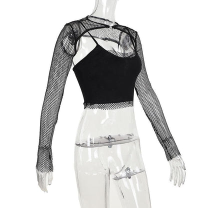 Long sleeve fishnet shrug cross applique 2 piece top