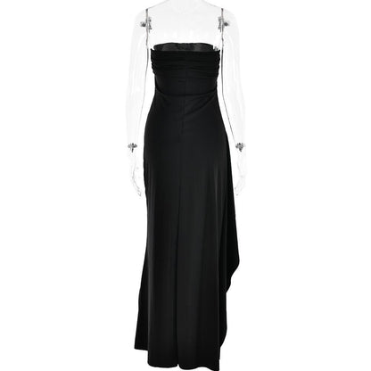Ruched high slit irregular ruffle tube maxi dress