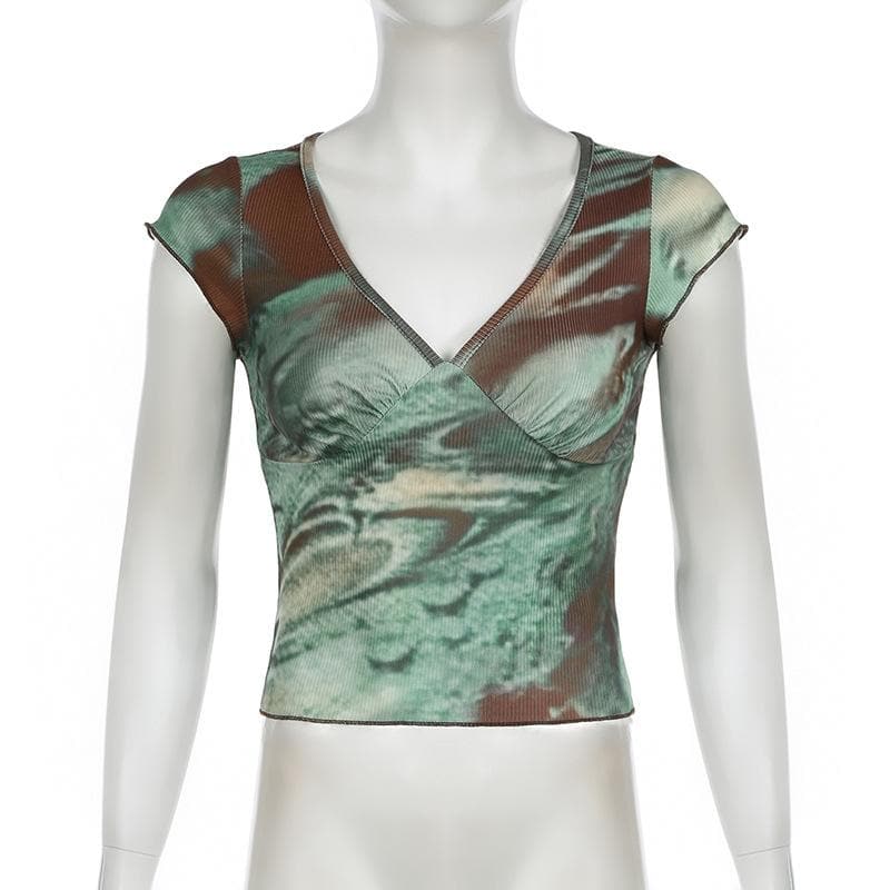 V neck cap sleeve tie dye top