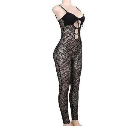 V neck hollow out solid lace cami jumpsuit