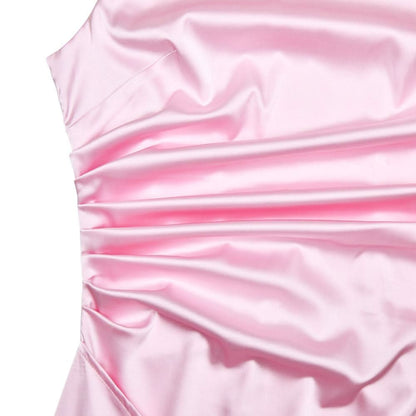 Ruched high slit satin round neck backless maxi dress