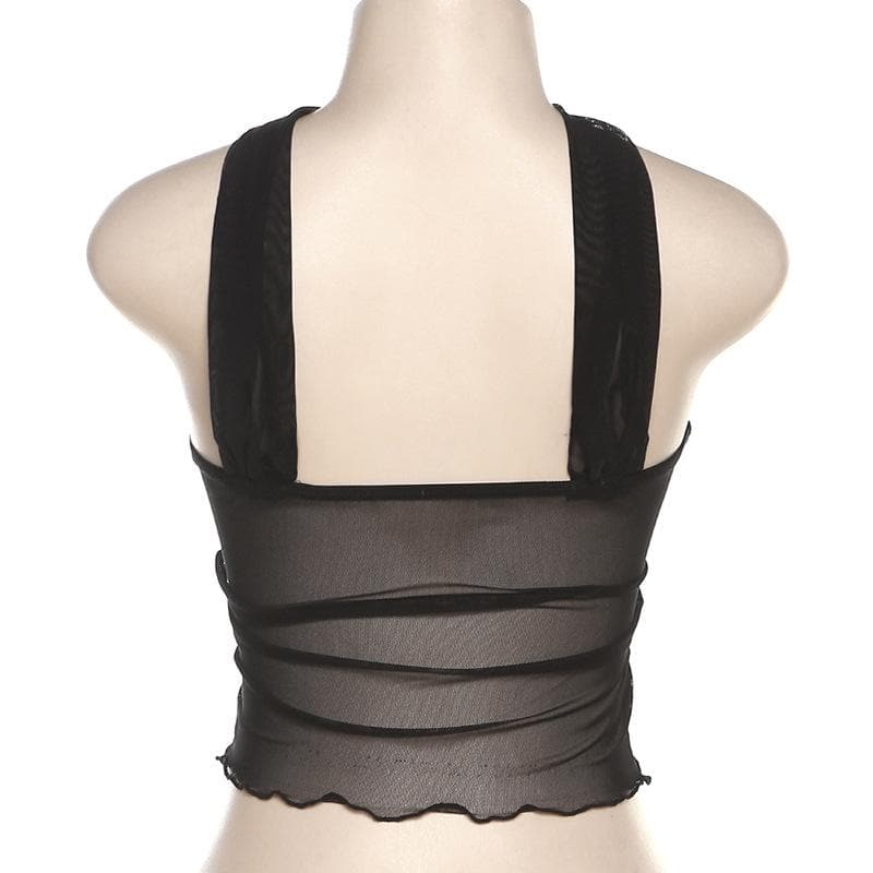 Buckle mesh ruffle halter backless low cut crop top