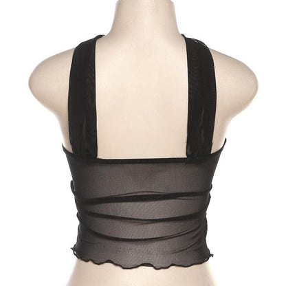 Buckle mesh ruffle halter backless low cut crop top