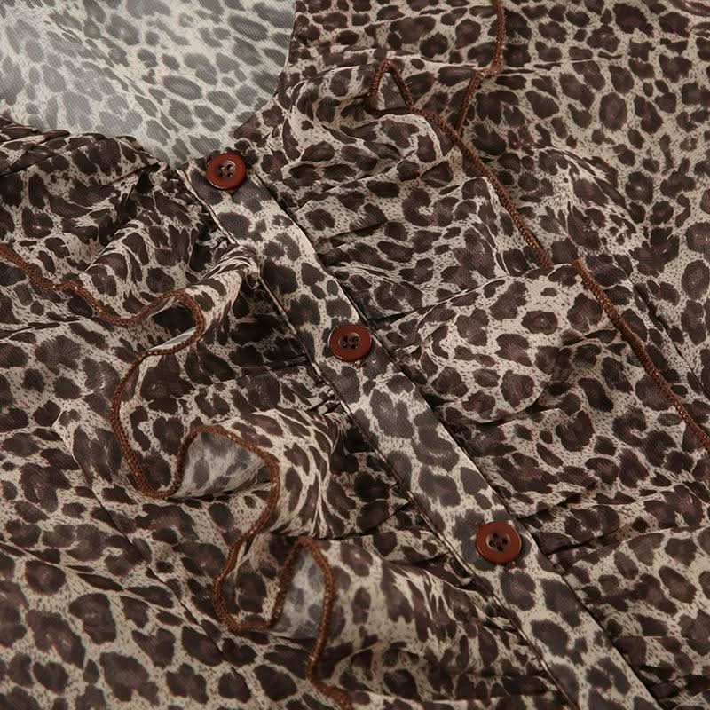 Leopard print long sleeve chiffon ruffle button top