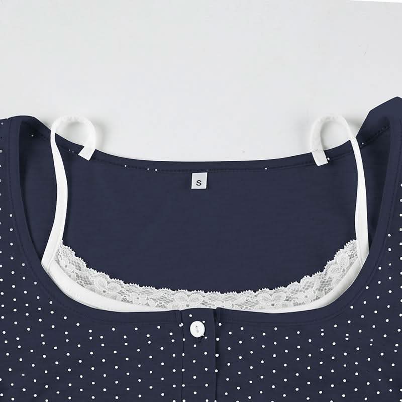 Polka dot long sleeve button lace hem patchwork top