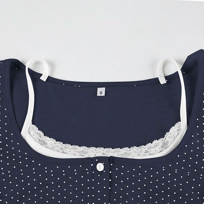 Polka dot long sleeve button lace hem patchwork top