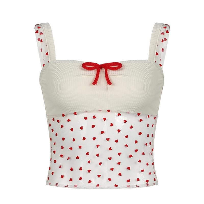 Bowknot ribbed heart pattern mesh cami top