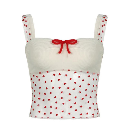 Bowknot ribbed heart pattern mesh cami top