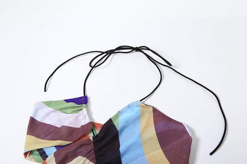 Halter print contrast high slit sheer mesh maxi dress