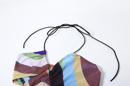 Halter print contrast high slit sheer mesh maxi dress