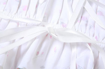 Flower print contrast ruched backless self tie halter top