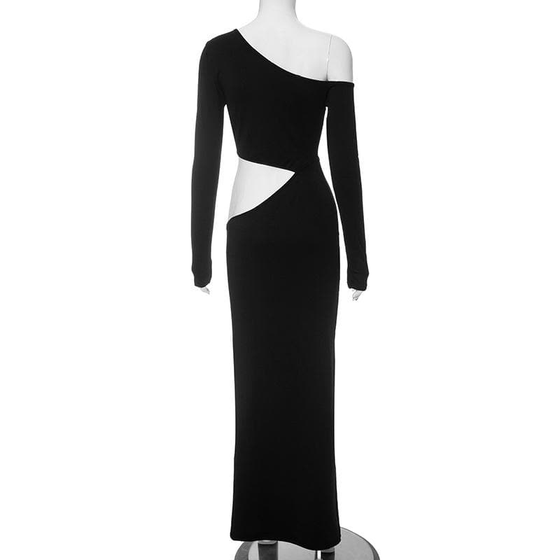 One Shoulder Long Sleeve Twist Front Teardrop Waist Cutout Bodycon Maxi Dress