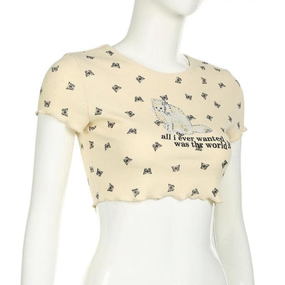Short sleeve cat print ruffle crop top