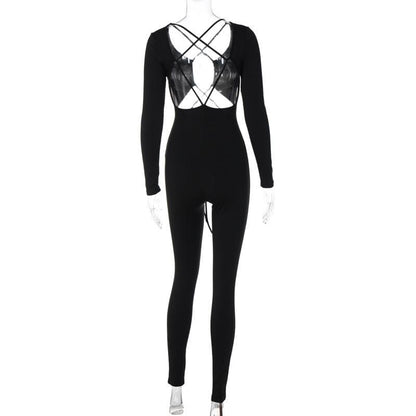Cross front long sleeve hollow out lace up solid jumpsuit - Final Sale