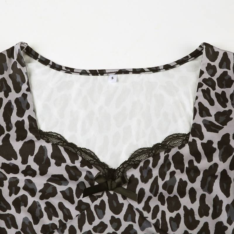 Leopard print long sleeve v neck lace hem bowknot top