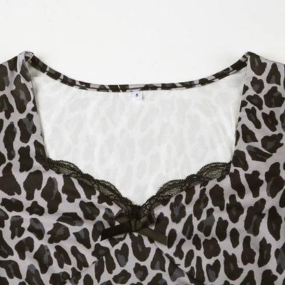 Leopard print long sleeve v neck lace hem bowknot top