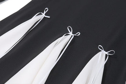 Long flared sleeve bowknot self tie u neck contrast patchwork mini dress