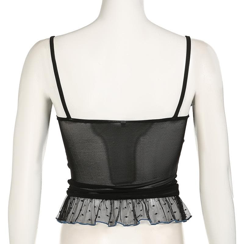 V neck polka dot bowknot mesh ruffle cami top